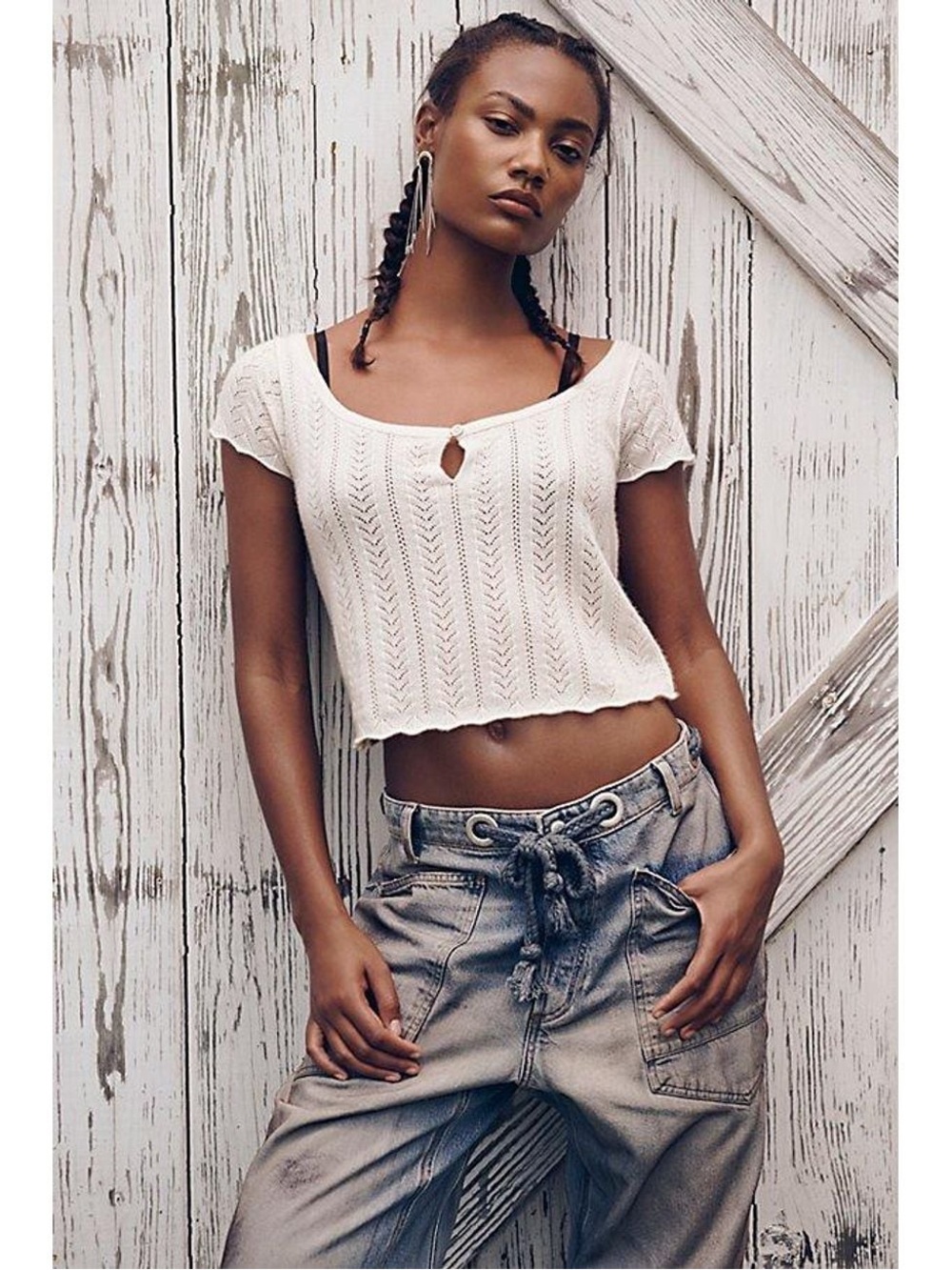 Free People Hera Cashmere Pointelle Sweater Top - Cloud Dancer (S)